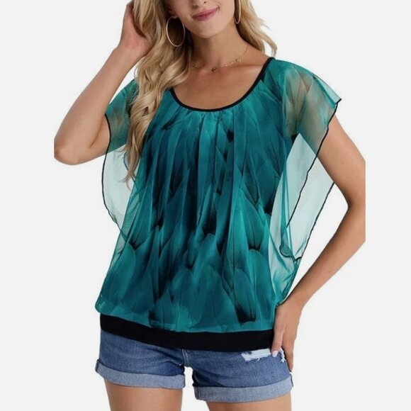 BAISHENGGT Womens Summer Tops Flutter Short Sleeve Pleated Front Mesh Teal 4XL - Picture 13 of 14